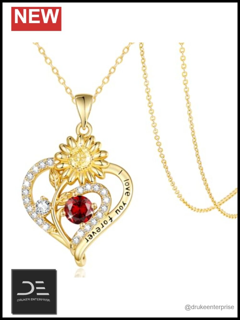 14K Gold Plated Sunflower Heart Pendant Necklace, I Love You Forever Birthstone